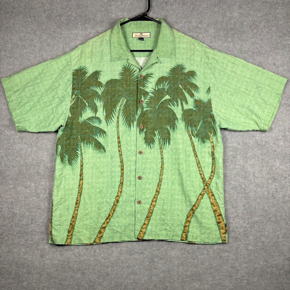Tommy Bahama Relax Silk Palm Tree Camp Shirt Large Green Tropical Aloha